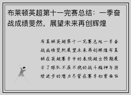 布莱顿英超第十一完赛总结:一季奋战成绩斐然,展望未来再创辉煌 布莱顿英超第十一完赛总结:一季奋战成绩斐然,展望未来再创辉煌